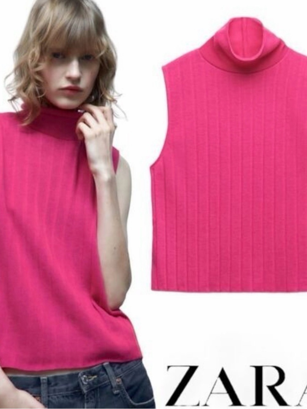 Zara Hot Pink Ribbed Sleeveless Turtleneck Y2K Top